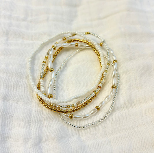 Peace Bracelet Stack- Pearl and Gold Bead