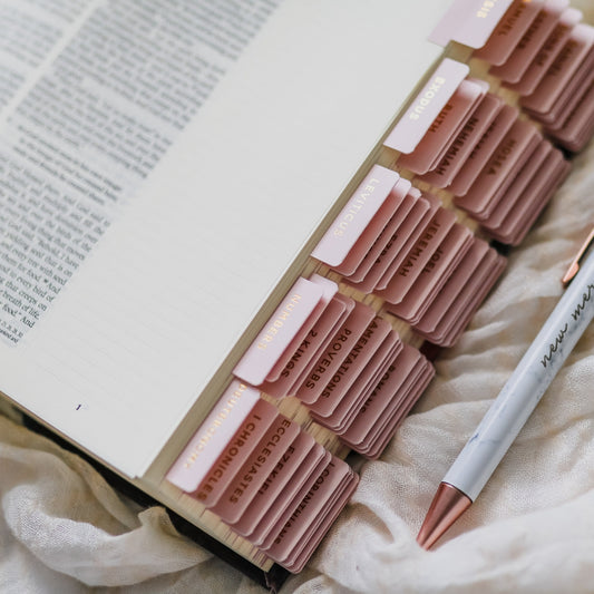 Blush Pink Bible Tabs with Gold Foil Lettering, one for each book of the Bible