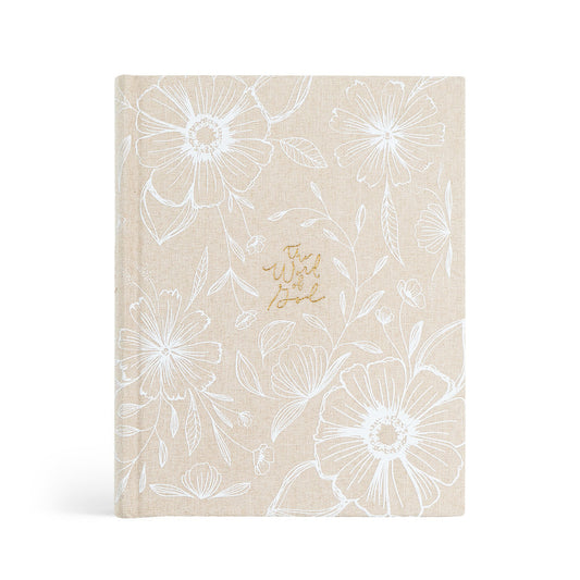 Aesthetic Bible Cover, beige linen with white flowers and gold foil lettering: The Word of God