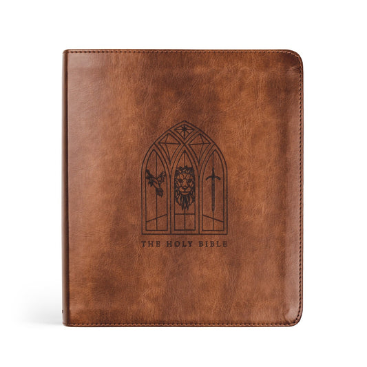 Leather looking cover with image of a lion and stained glass